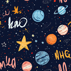 This captivating illustration showcases the vast beauty of outer space, featuring a dynamic array of planets, stars, and cosmic elements floating in the night sky. The artwork brings to life a mesmeri