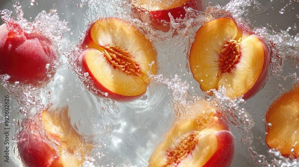 Poster sliced peaches splashing in water from a top view. copy space available for text or branding
