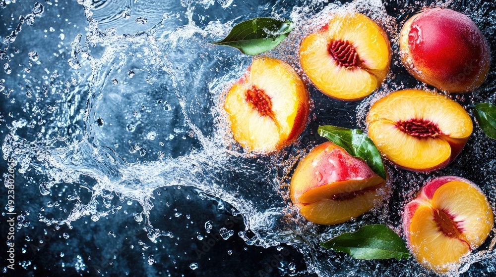 Poster sliced peaches splashing in water from a top view. copy space available for text or branding