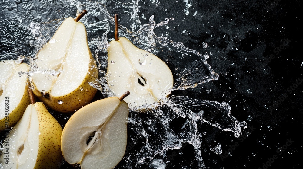 Leinwandbilder sliced pears with water splashes from a top view. ideal for adding text on the left