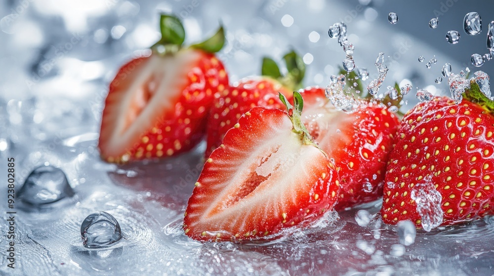 Poster sliced strawberries with water splashes, ideal for adding text or branding on the top