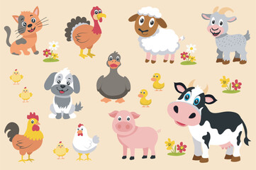 Cute farm animals mega set elements in flat graphic design. Bundle objects of funny cat, turkey, sheep, goat, chicks with chicken and rooster, dog, duck with duckling, cow, pig. Vector illustration.