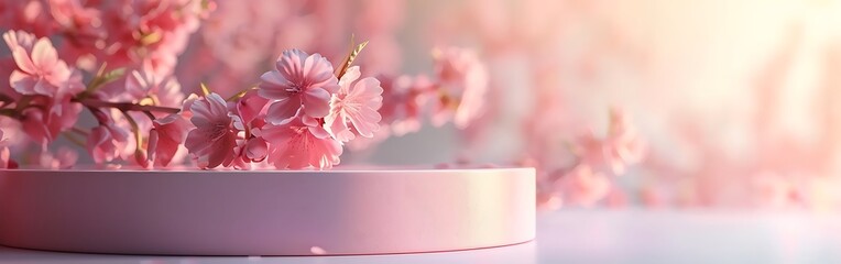 Pink rose background with white podium, empty space for product presentation.