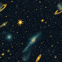 Fototapeta premium This captivating illustration showcases the vast beauty of outer space, featuring a dynamic array of planets, stars, and cosmic elements floating in the night sky. The artwork brings to life a mesmeri