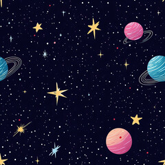 Fototapeta premium This captivating illustration showcases the vast beauty of outer space, featuring a dynamic array of planets, stars, and cosmic elements floating in the night sky. The artwork brings to life a mesmeri