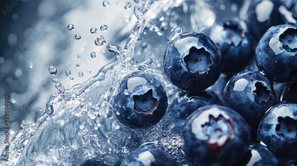 Aufkleber top view of blueberries splashing in water. ideal for adding text or branding on the left