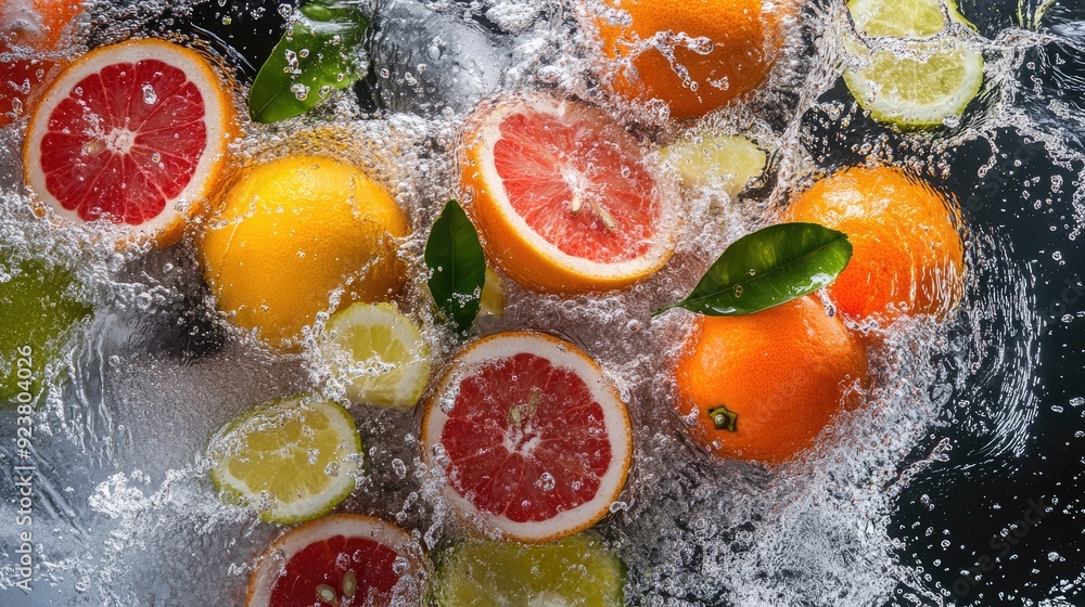 Aufkleber top view of a variety of citrus fruits splashing in water. ample copy space at the top