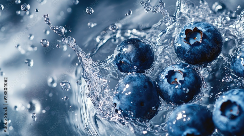Leinwandbilder top view of blueberries splashing in water. ideal for adding text or branding on the left