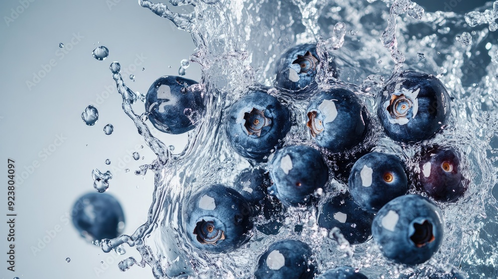 Fototapete top view of blueberries splashing in water. ideal for adding text or branding on the left