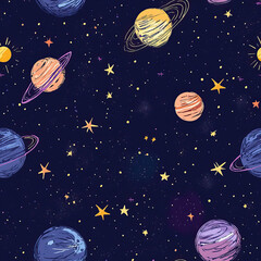 Naklejka premium This captivating illustration showcases the vast beauty of outer space, featuring a dynamic array of planets, stars, and cosmic elements floating in the night sky. The artwork brings to life a mesmeri