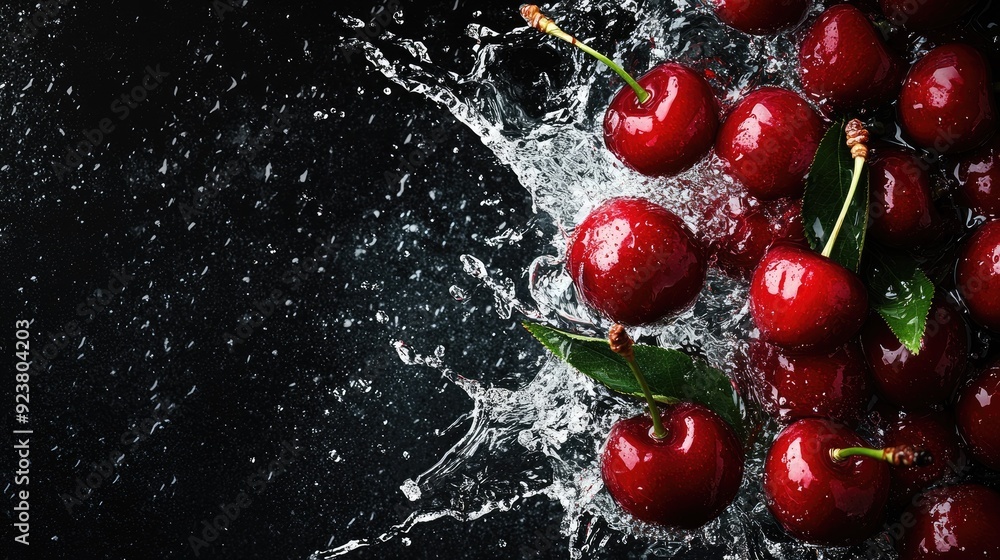 Poster top view of cherries splashing in water, with space on the left for text or branding