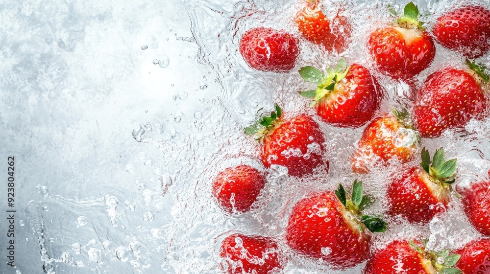 Poster top view of fresh strawberries splashing in water with ample copy space on the right