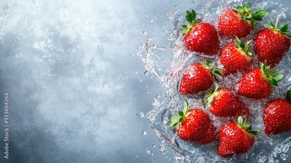 Poster top view of fresh strawberries splashing in water with ample copy space on the right
