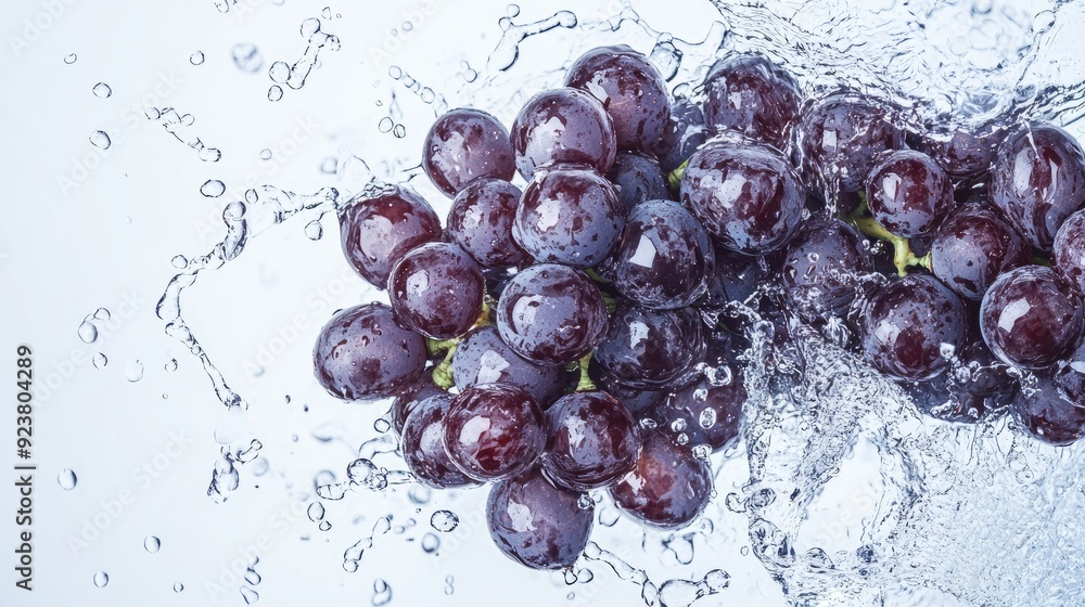 Poster top view of grapes with splashes of water. ideal for adding text or logos on the left side