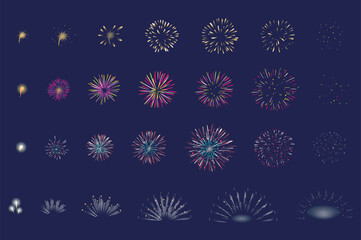 Firework animation mega set elements in flat graphic design. Bundle objects of different salute explosion in sequence action, glow pyrotechnic burst with sparkling step by step. Vector illustration.