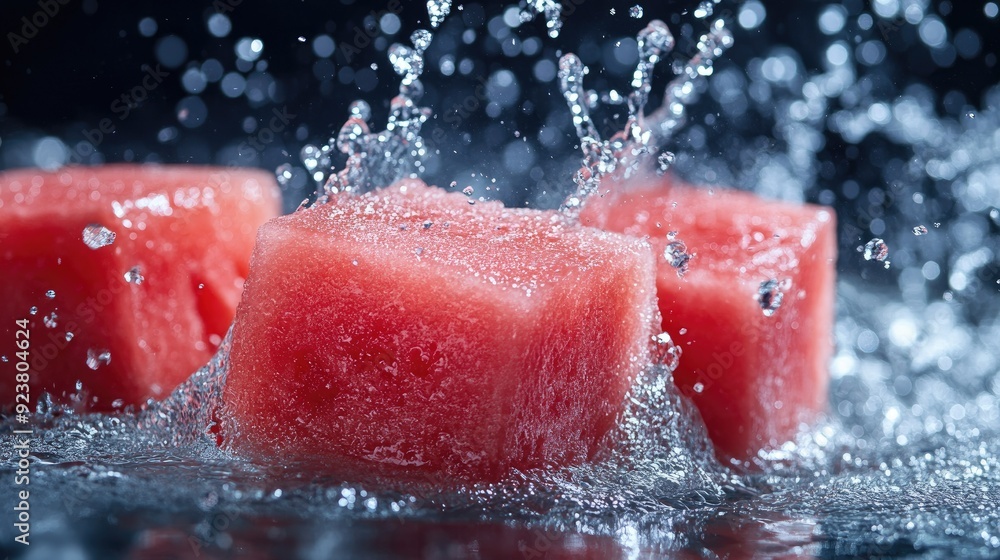 Poster watermelon cubes being splashed with water. copy space available on the top for text