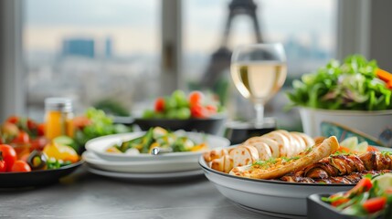 Delicious meal with white wine and salad on a table with a city view