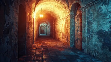 Fototapeta premium Torch-lit dungeon passage casting flickering shadows across ancient stone