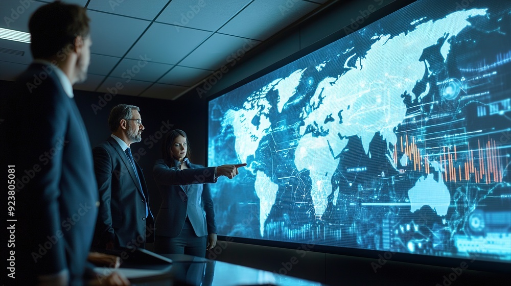 Poster a group of executives in a conference room, pointing at a large projection screen displaying a globa