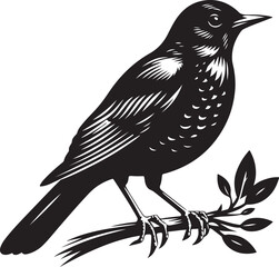 An American robin bird silhouette captures its plump body, upright stance, and iconic tail, emphasizing its graceful, perched form.
