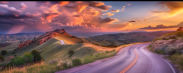 Naklejka premium A curvy road winds through the mountains in sunset