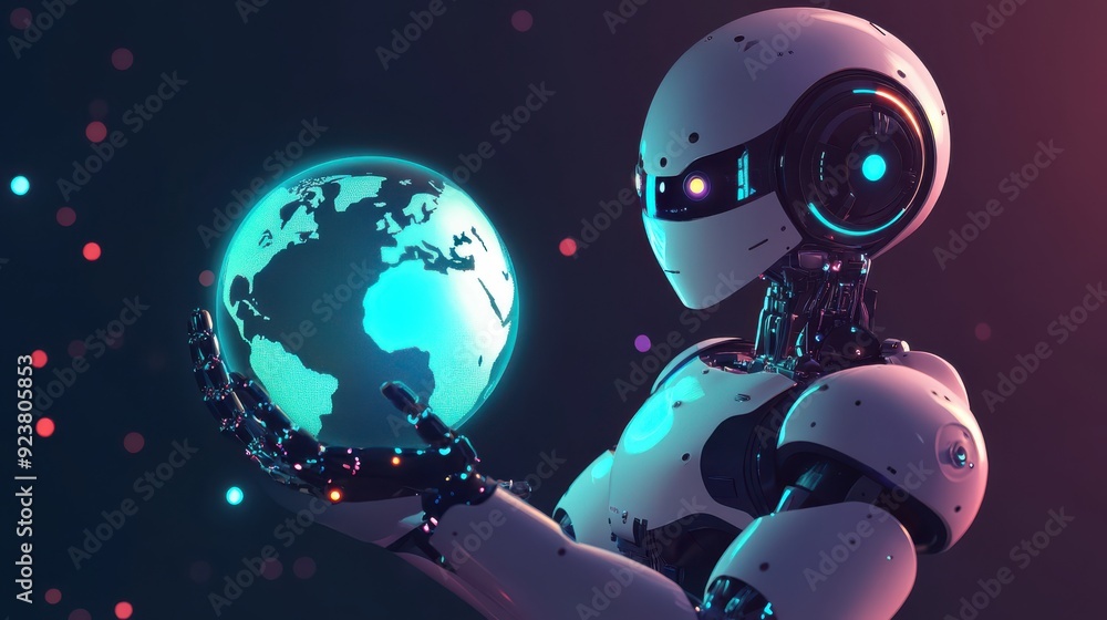 Poster an ai-powered robot holding a glowing holographic world, symbolizing the future of global connectivi