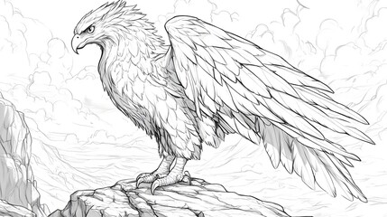 Obraz premium Powerful Griffin Perched on Craggy Cliff in Plain Line Drawing Style