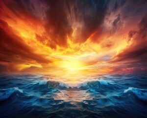 Obraz premium A sunrise accepted by an open sea, while storm clouds reject its light, symbolizing hope vs. despair