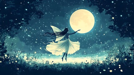 Enchanting Fairy Dancing Under a Luminous Moonlit Glade in a Mystical Forest Landscape