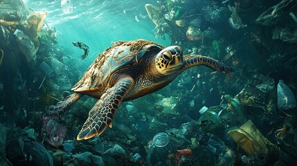 Fototapeta premium A sea turtle struggling to swim through a mass of tangled plastic waste in the ocean. The water is filled with discarded bottles, bags, and other trash with place for text.