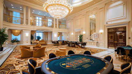 a luxurious casino interior showcasing a grand chandelier, plush seating, and ornate gaming tables