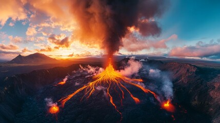 Fototapeta premium A stunning volcanic eruption lights up the sky with fiery lava. Smoke billows into the atmosphere, creating a dramatic scene. Perfect for nature lovers and adventure enthusiasts. AI