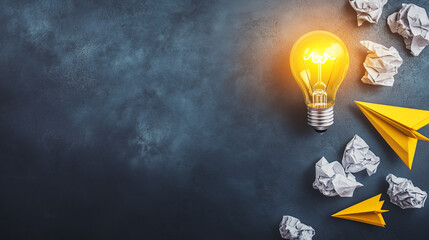 Light bulb surrounded by colorful crumpled paper balls on a blackboard background, symbolizing creativity and new ideas in business. Minimalist style, high-angle view, perfect for a business concept b