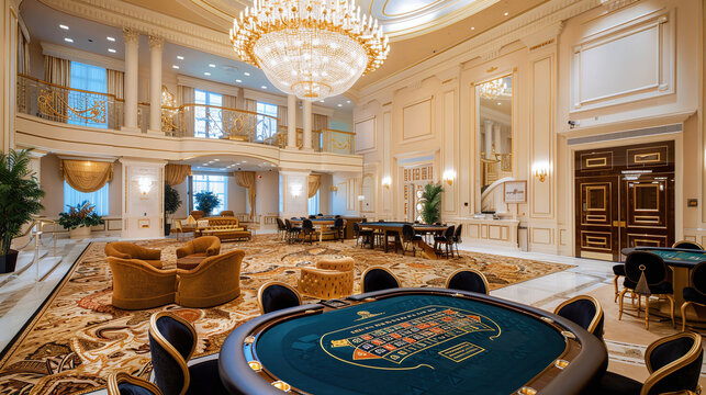 a luxurious casino interior showcasing a grand chandelier, plush seating, and ornate gaming tables