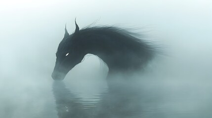 Obraz premium Kelpie Spirit Lurking Below Misty Lake Surface in Ethereal Fantasy Landscape