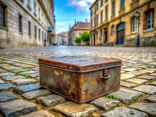 Fototapeta premium Vintage metal box with rusty patina and distressed logo sits on cobblestone ground in charming Old Square of Bordeaux, evoking nostalgic French heritage.