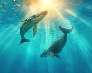 Fototapeta premium A majestic whale arriving at a feeding ground, while another departs, diving into the deep ocean, leaving ripples on the surface