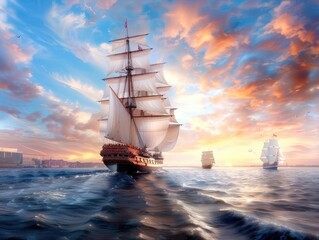 Fototapeta premium A majestic ship arriving at a harbor, greeted by cheering crowds, while another ship departs into the horizon, leaving a trail of waves behind