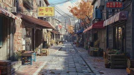 Fototapeta premium A Narrow Street Lined with Shops in an Asian City