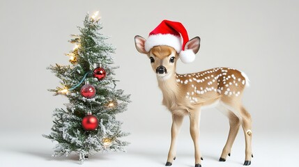 A sweet deer fawn wearing a Santa hat, standing beside a miniature Christmas tree decorated with lights and ornaments, on a white background
