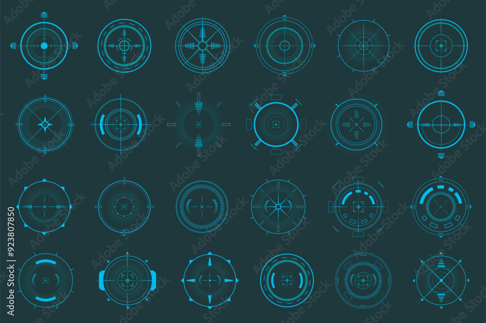 Poster hud target pointer mega set elements in flat graphic design. bundle objects of futuristic user inter