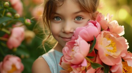 Fototapeta premium A young girl holding a bouquet of peonies