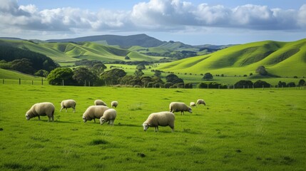 Fototapeta premium Sheep grazing in a lush green field, with rolling hills in the background