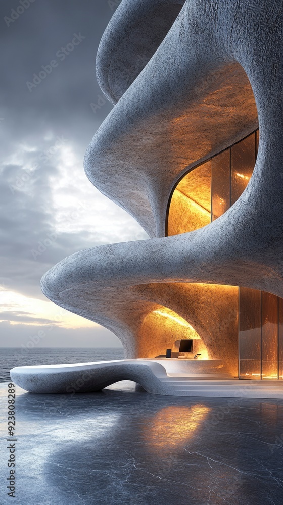 Poster modern concrete building with curved architecture and ocean view
