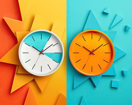 A digital clock increasing in time, while an analog clock's hands decrease in motion, symbolizing modernity vs. tradition