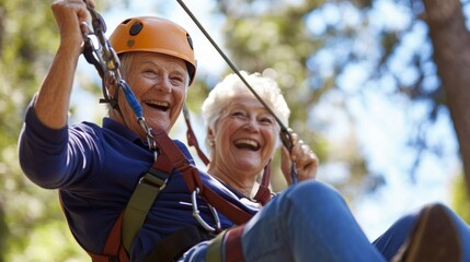 Energetic older couple enjoying a zip lining adventure in a forest setting during a sunny day