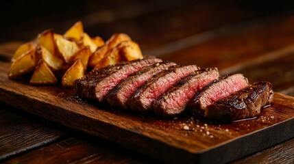 Delicious Juicy Grilled Steak with Seasoned Roasted Potatoes on Wooden Cutting Board