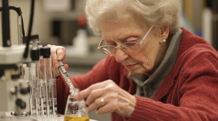 Senior conducting a high-fidelity experiment in a STEM lab during a community event