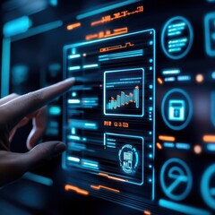 Naklejka premium Holographic compliance audit, futuristic business banking, AI-driven financial oversight, digital office space