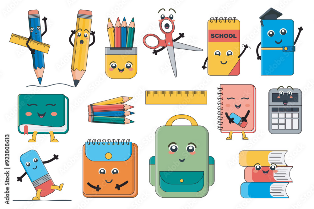 Aufkleber mascot school supplies mega set elements in flat graphic design. bundle objects of cute characters w